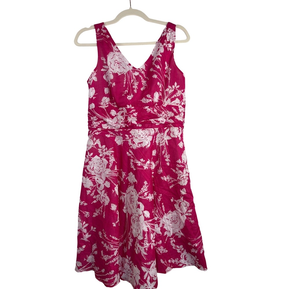 Dressbarn Womens Pink White Floral Fit Flare Dress 8 Ruched Waist ‎ Barbiecore